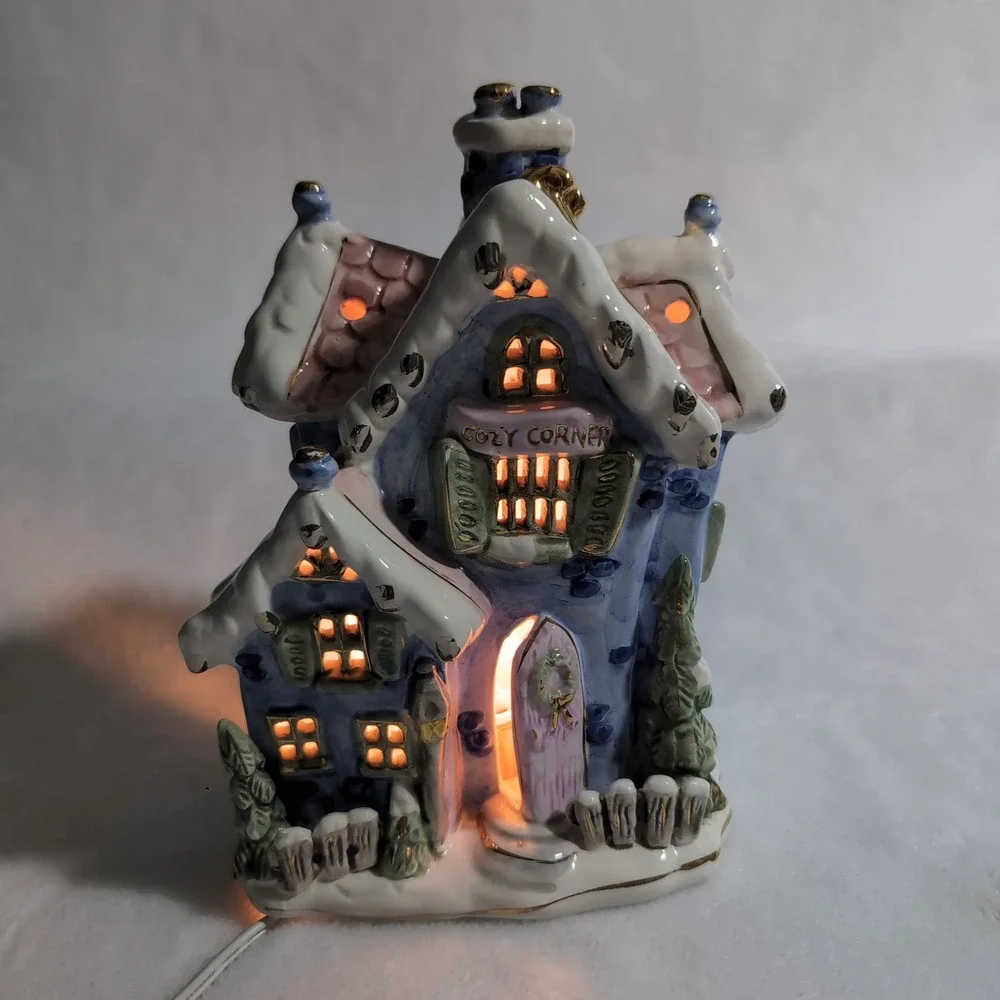 Vintage Cozy Corner Blue Pink Ceramic Lighted Cottage Christmas House 50s-70s - Picture 6 of 8